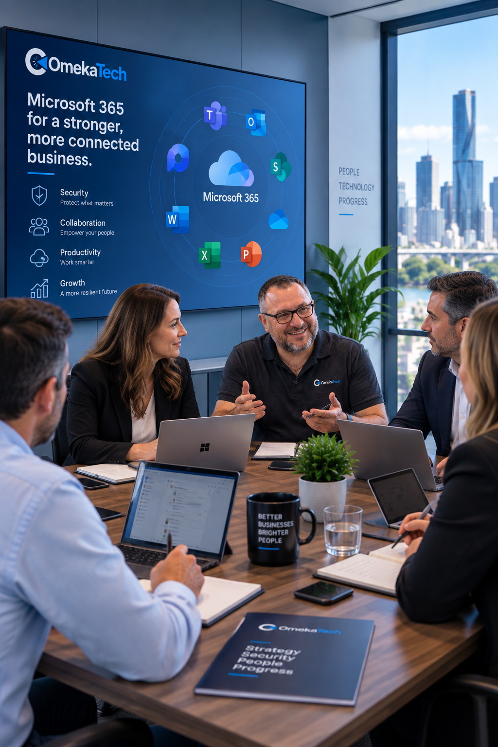 Microsoft 365 Properly Protected Business professionals working securely with Microsoft 365 and modern devices