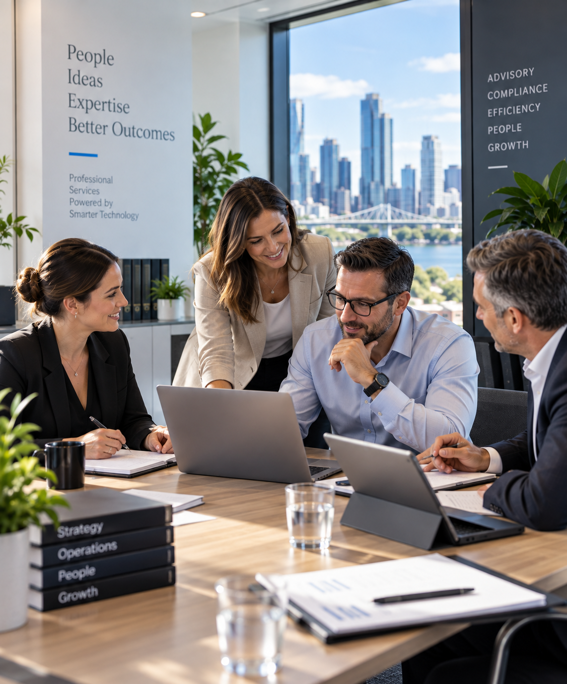 Professional services team collaborating in a Brisbane office Law firm leadership discussing technology and cybersecurity priorities