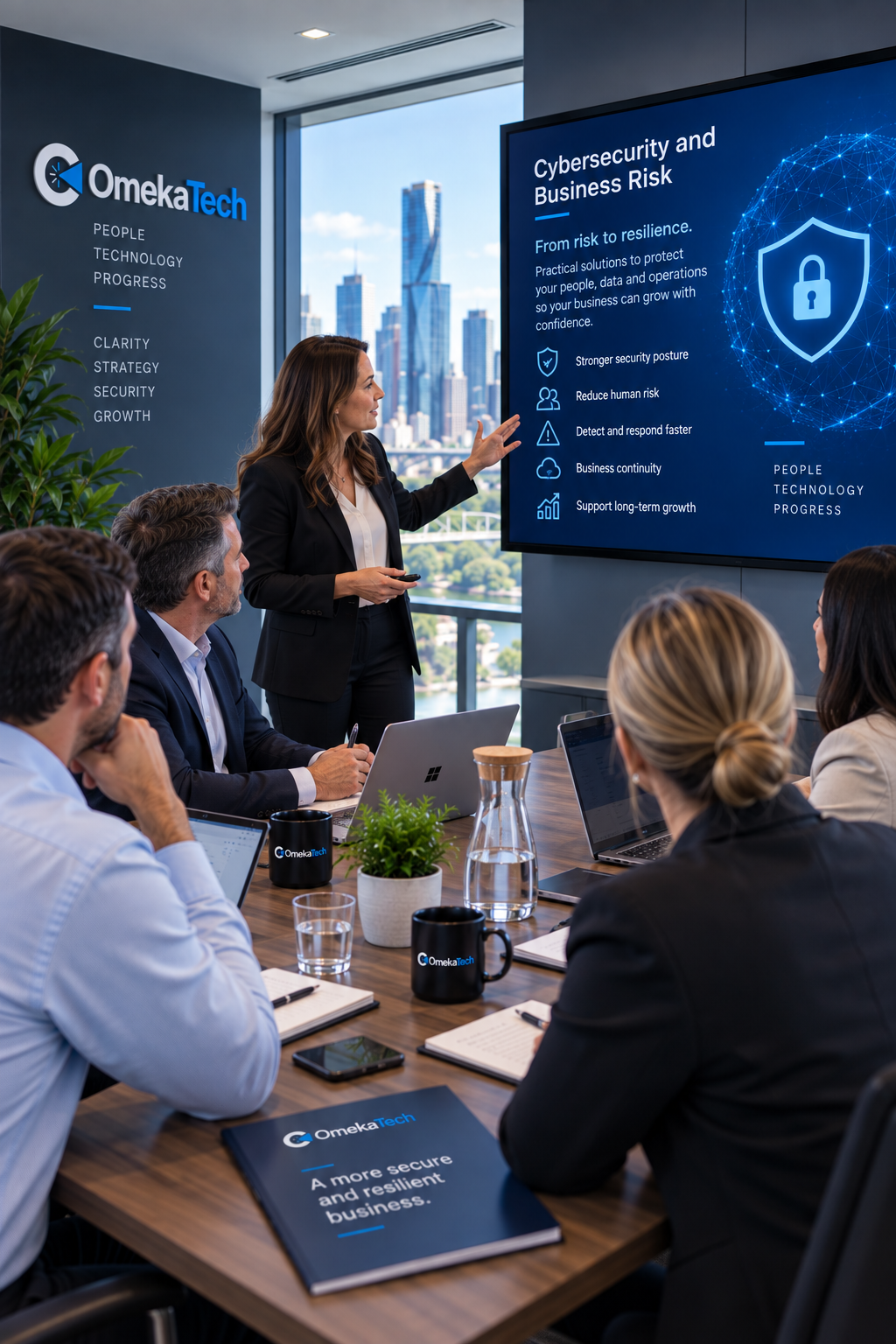 cybersecurity risk and business risk Business leadership reviewing cybersecurity risks and business information