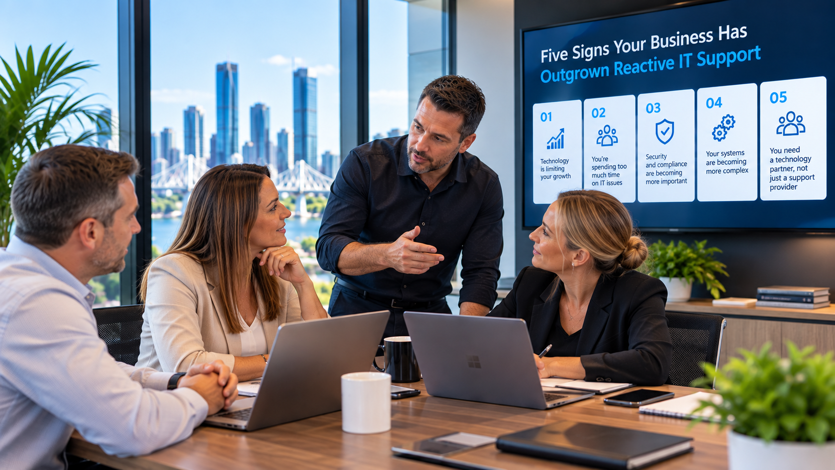 Business leader reviewing proactive technology management with an OmekaTech advisor